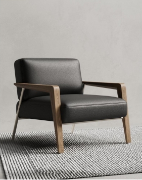 Harper loungestoel van echt leer met houten armen